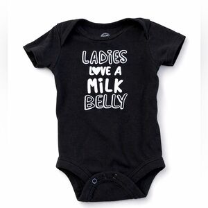 wonder nation Black Baby Bodysuit with White Text “ladies love a milk belly”